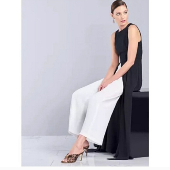 Adrianna Papell Black Crepe Overlay Sleeveless Jumpsuit Size 10 - Picture 3 of 11